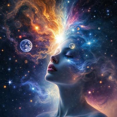 The primary subject of the image is a woman with a flowing mane, who appears to be floating in space. She is surrounded by a vibrant and colorful background, which includes a variety of celestial objects such as stars, planets, and a moon. The visual style of the image is a combination of digital art and illustration, creating a surreal and dreamlike atmosphere. The colors and mood of the image are predominantly warm and luminous, with a sense of wonder and exploration.